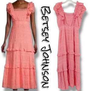 Betsey Johnson Lovely Layers Maxi Dress Pink Tiered Ruffle Cotton Womens Size S